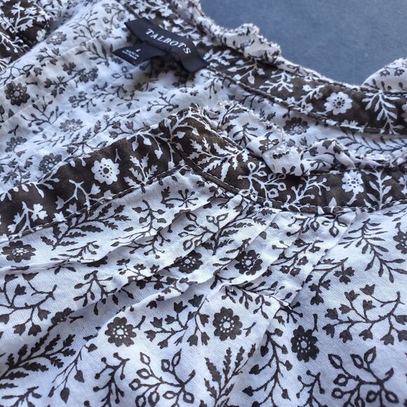 Talbots Sleeveless Cotton Popover Size L White Brown Ditsy Floral Ruffle Dainty - Picture 7 of 11